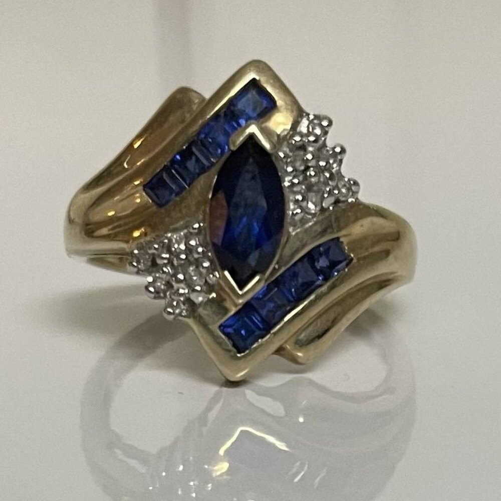 10k Gold Sapphire Ring With Diamonds - Picture 1 of 2